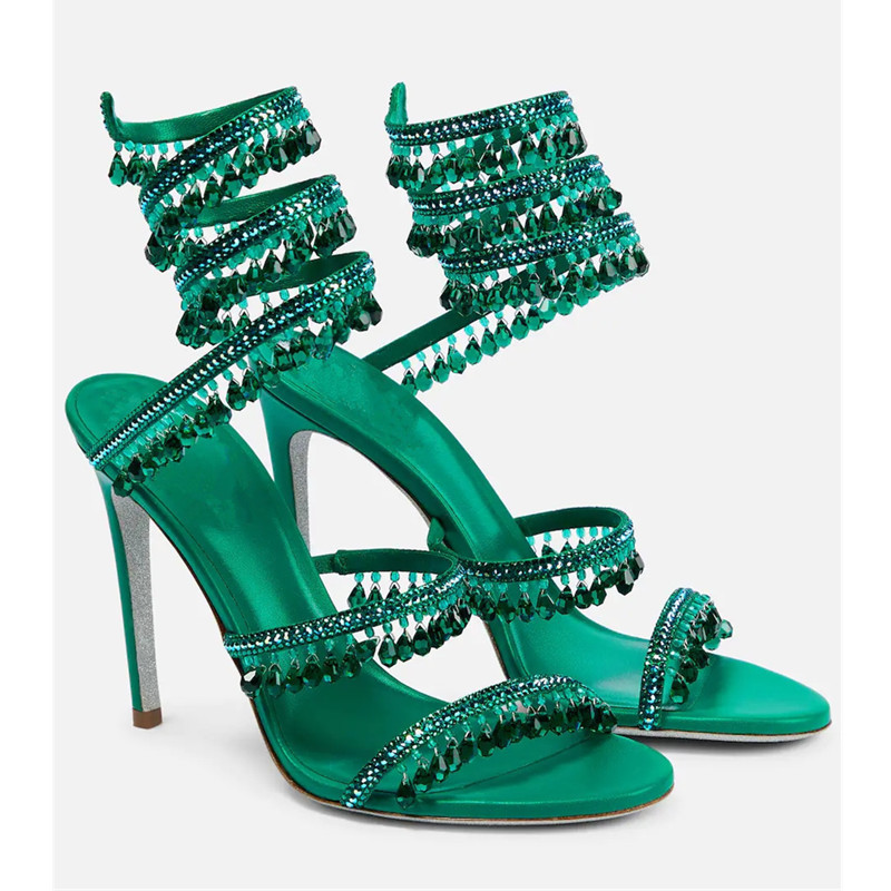 Rhinestone Sandal Women - Sexy Green Crystal Fringe Stiletto Sandals