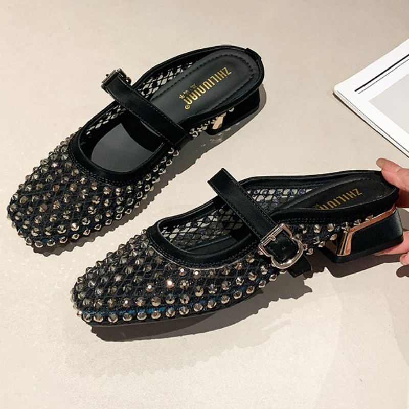 Mesh Rhinestone Chunky Heel Mu - Mule Slip On recension och pris